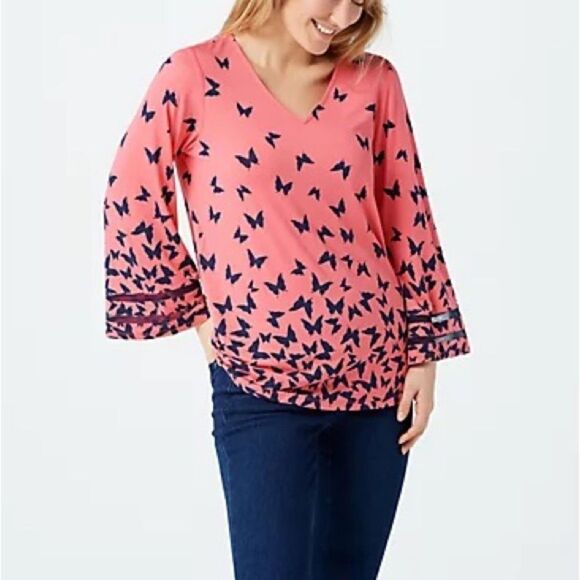 LBelle by Kim Gravel Illusion Sleeve Butterfly Print Knit Top - Picture 3 of 5